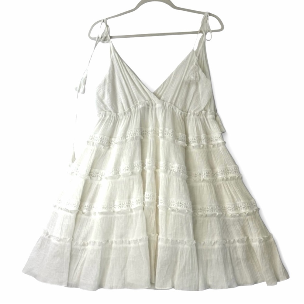 Lush Cottagecore White Boho Tiered Crochet Lace Mini Dress Tassel Straps Gauze L - Picture 3 of 9
